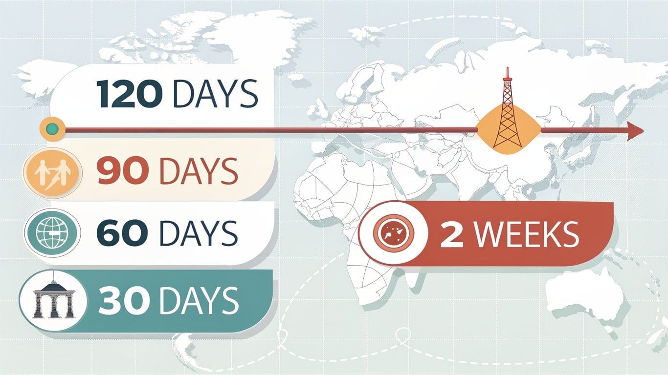 Visual timeline illustrating key milestones for a military PCS move, with markers for 120, 90, 60, 30 days, and 2 weeks out.