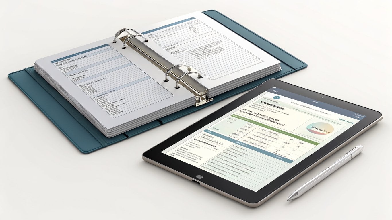 Illustration of an open binder and a tablet, symbolizing organized physical and digital documents for a PCS move.