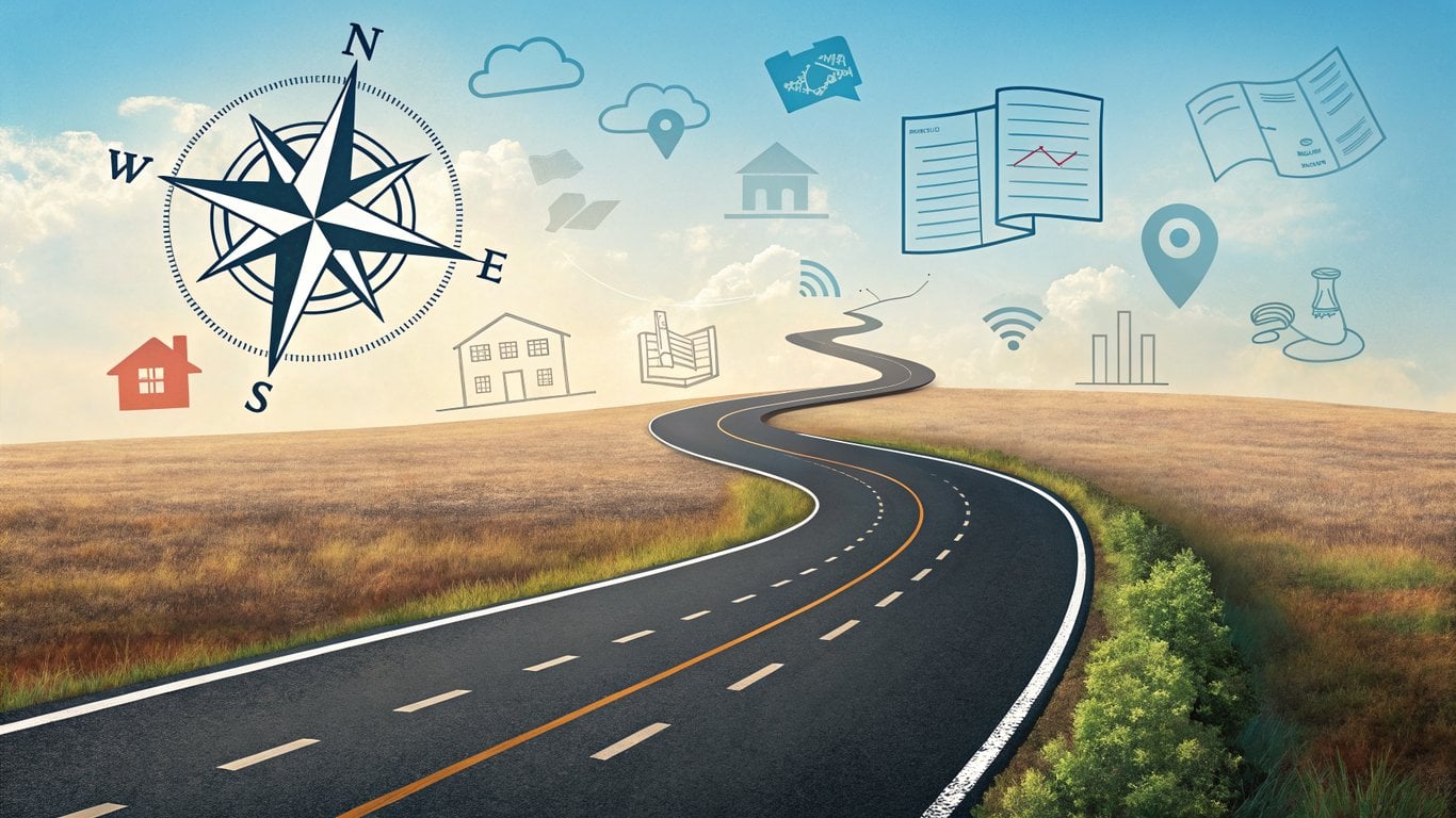 Illustration of a winding road representing the complex journey of a military PCS move, with icons for housing, schools, and documents.