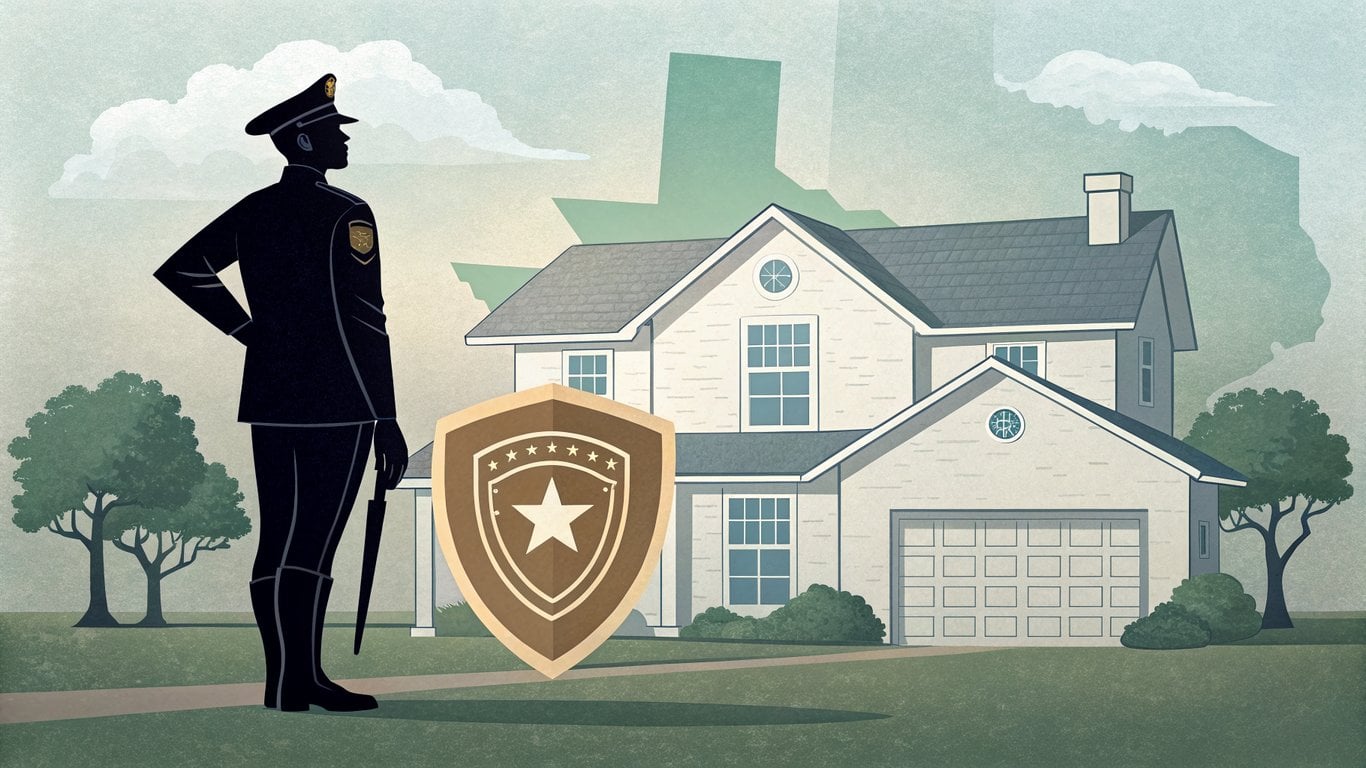 Illustration of a house with a military service member, symbolizing homeownership through VA loan benefits in Texas.