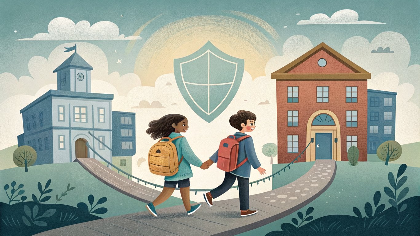 Illustration of two children moving between school buildings, representing smooth school transitions and educational continuity for military children.