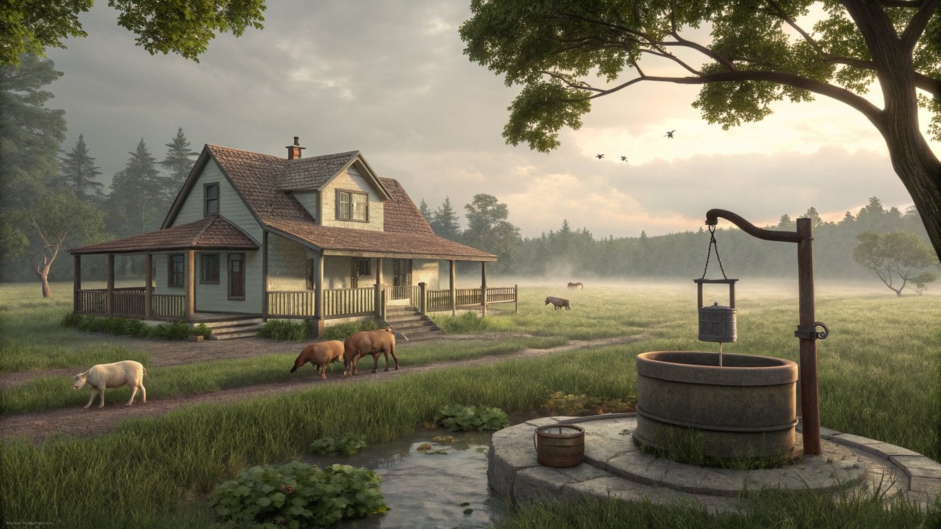 Illustration of a peaceful rural property with a farmhouse, grazing animals, a well pump, and open fields.