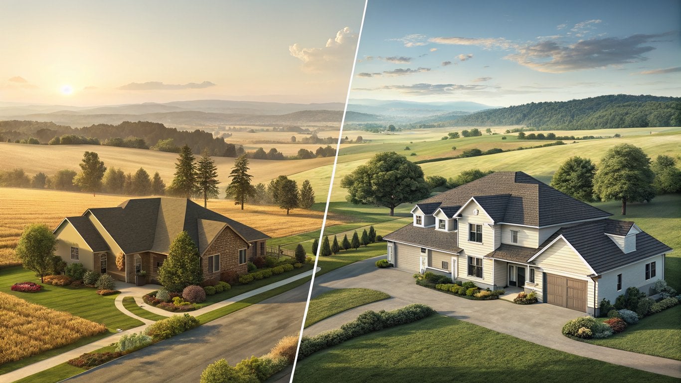 Illustration contrasting a rural landscape with a barndominium and open fields against a suburban neighborhood with modern houses.