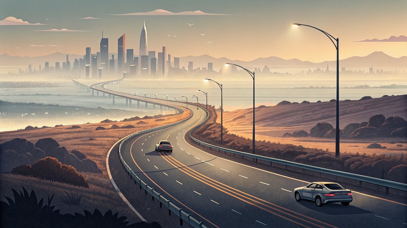 Illustration of a long highway leading towards a city skyline, representing a daily commute.