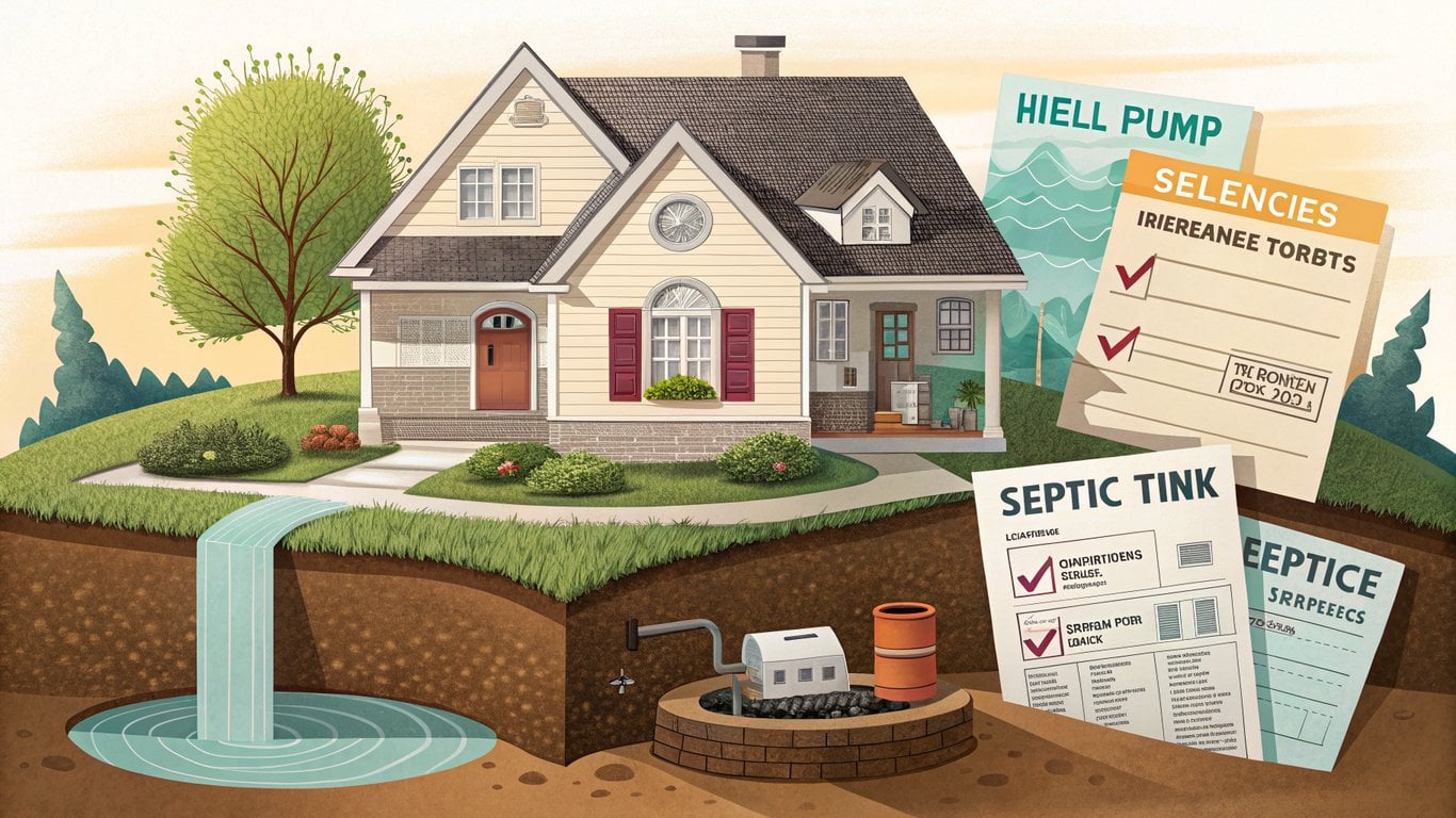 Illustration of a house with hidden costs like a well pump, septic tank, and insurance documents emerging from its foundation.