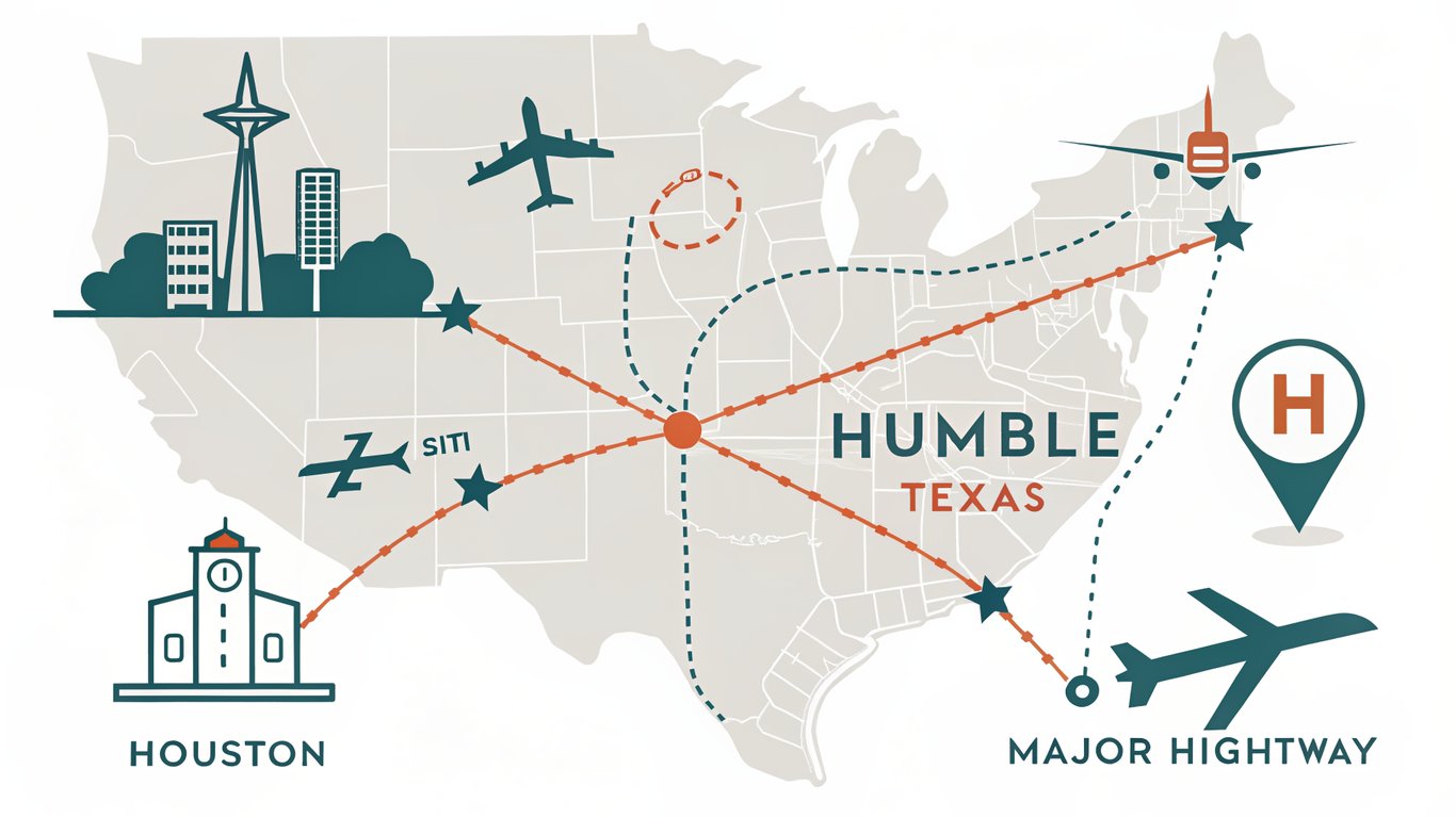Illustration of Humble, Texas's strategic location near Houston, IAH airport, and major highways.