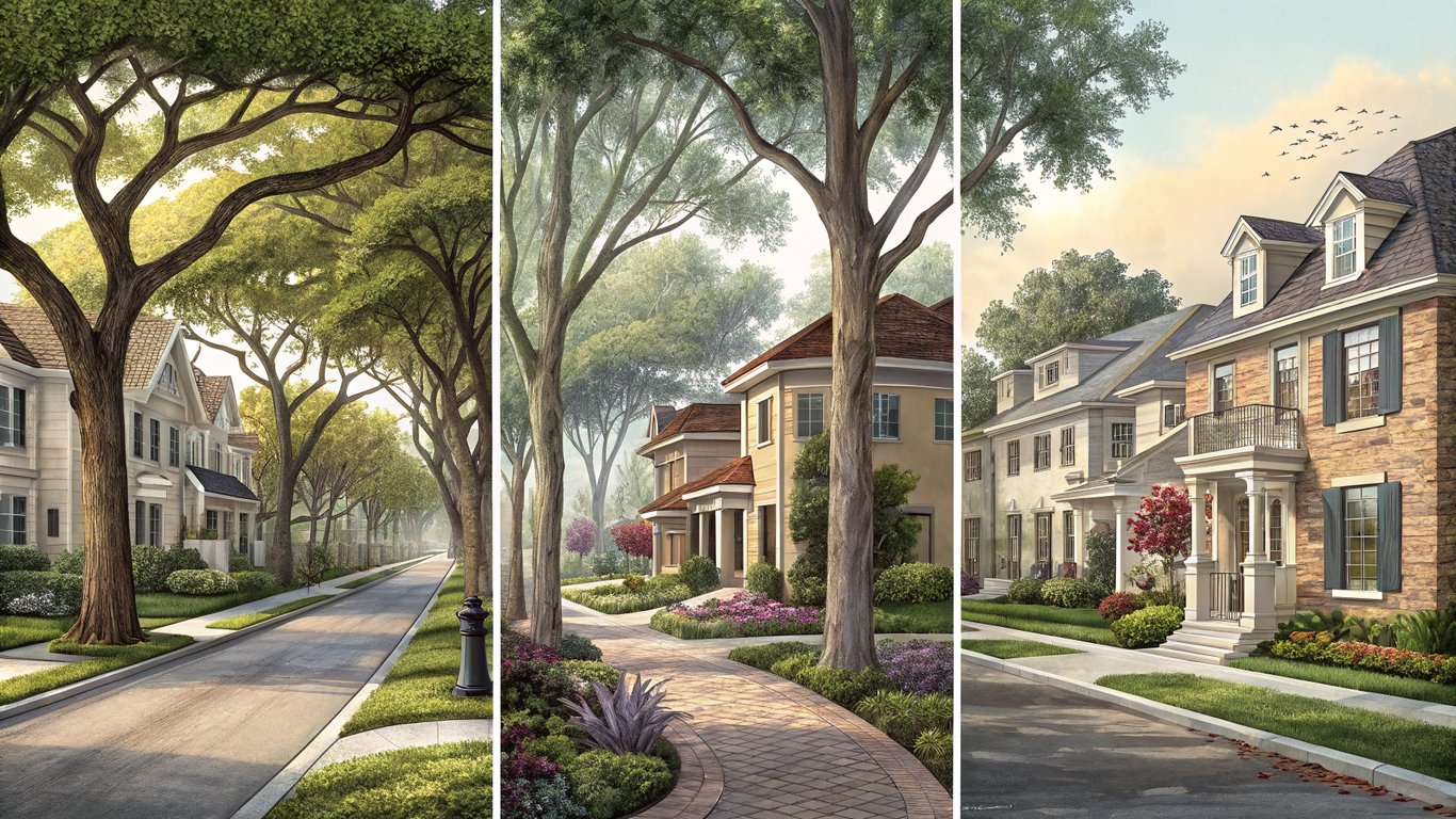 Illustration showing the diverse types of neighborhoods found in Humble, from historic to luxury.