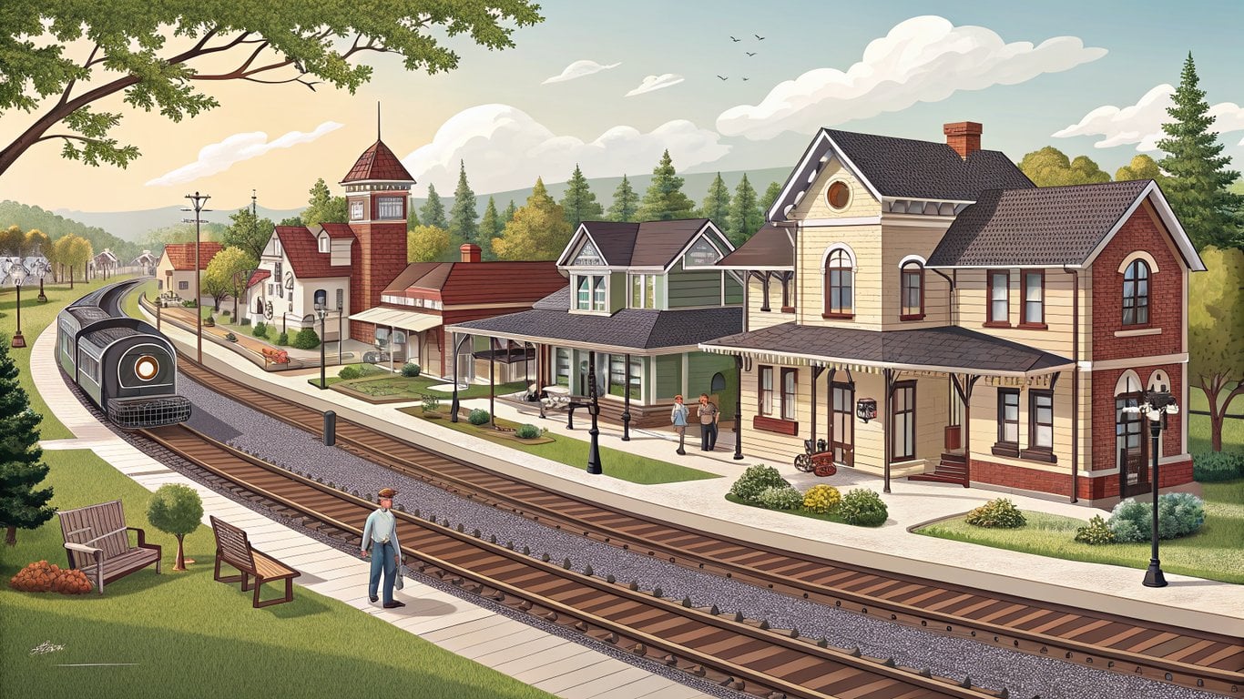 Illustration of Tomball's transformation from a historic railroad town to a modern suburb.