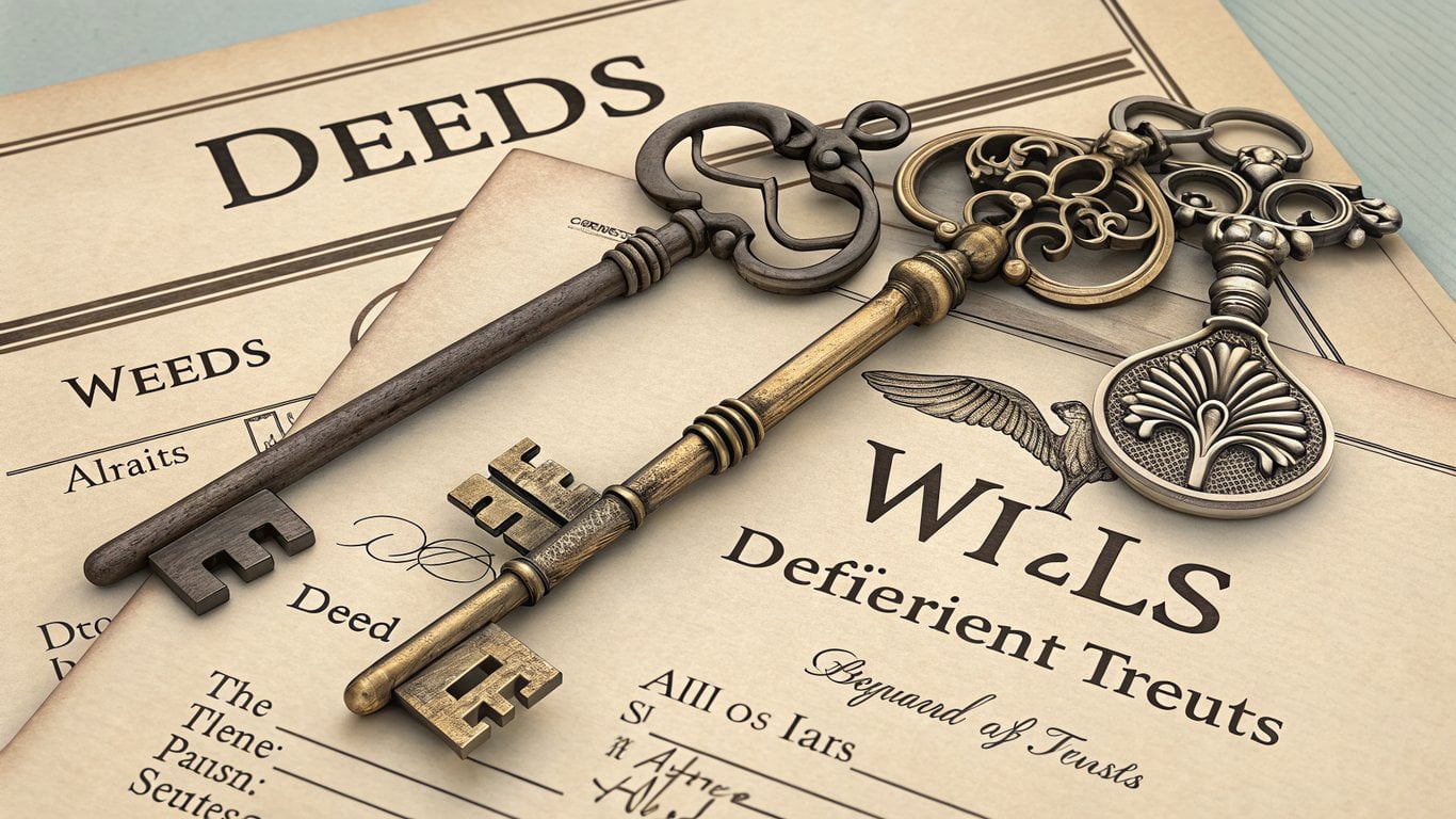 Various legal documents such as deeds, wills, and trusts depicted as keys opening different legal pathways, illustrating ownership structure.