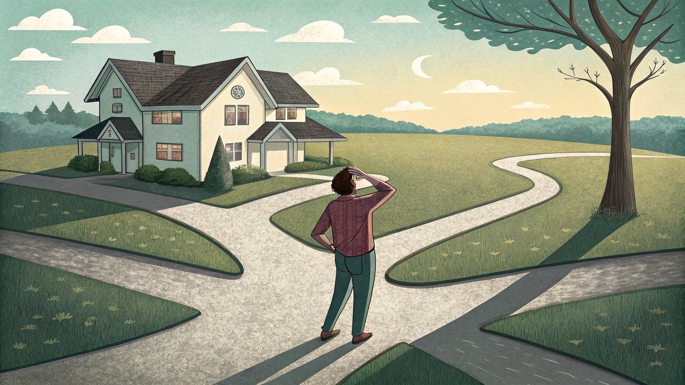 Person looking overwhelmed at a crossroads with a house in the distance, symbolizing the emotional burden of inheriting property.