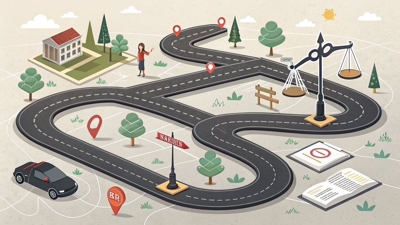 A winding path with legal symbols and milestones, illustrating the complex and lengthy probate process.