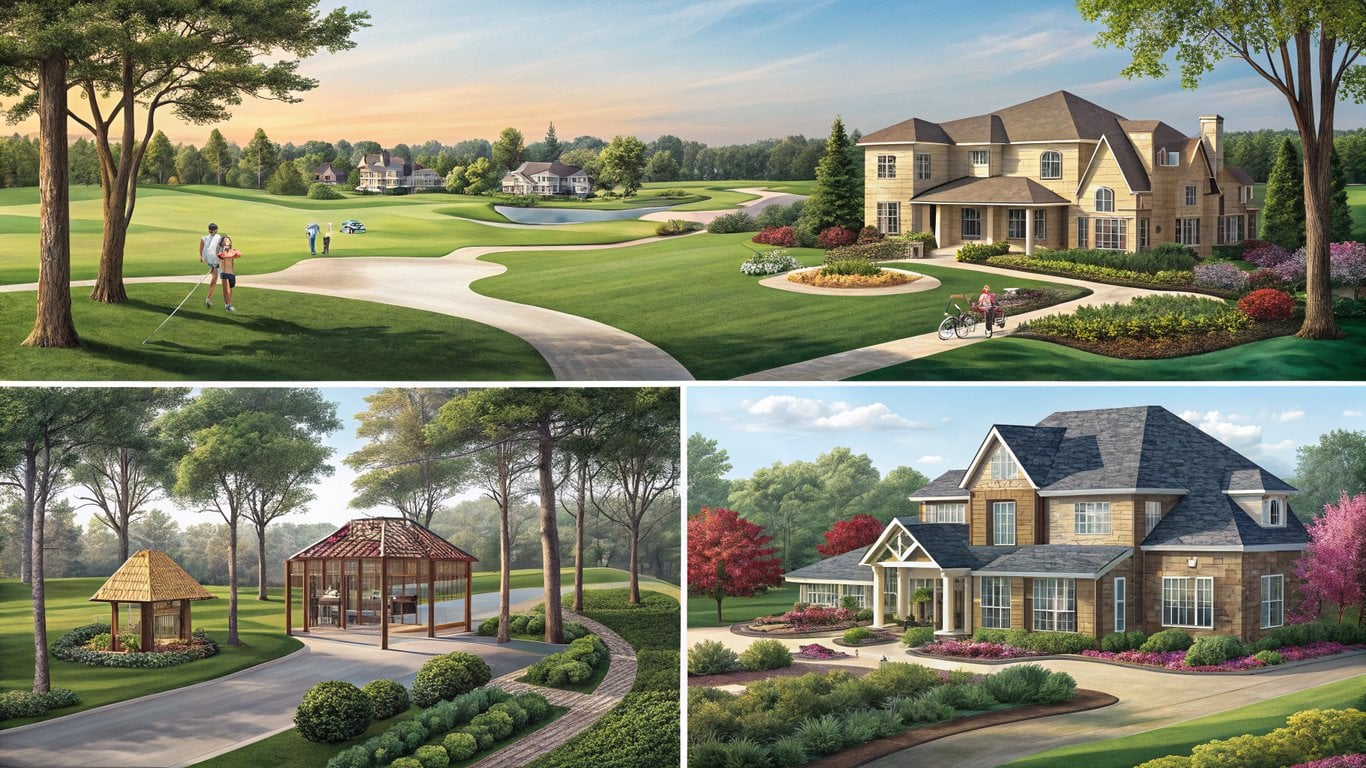 A collage of different Sugar Land neighborhood styles, from golf course communities to modern luxury homes.