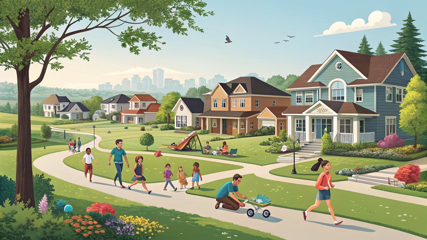 A bustling suburban scene with modern houses, parks, and people, representing a desirable community.
