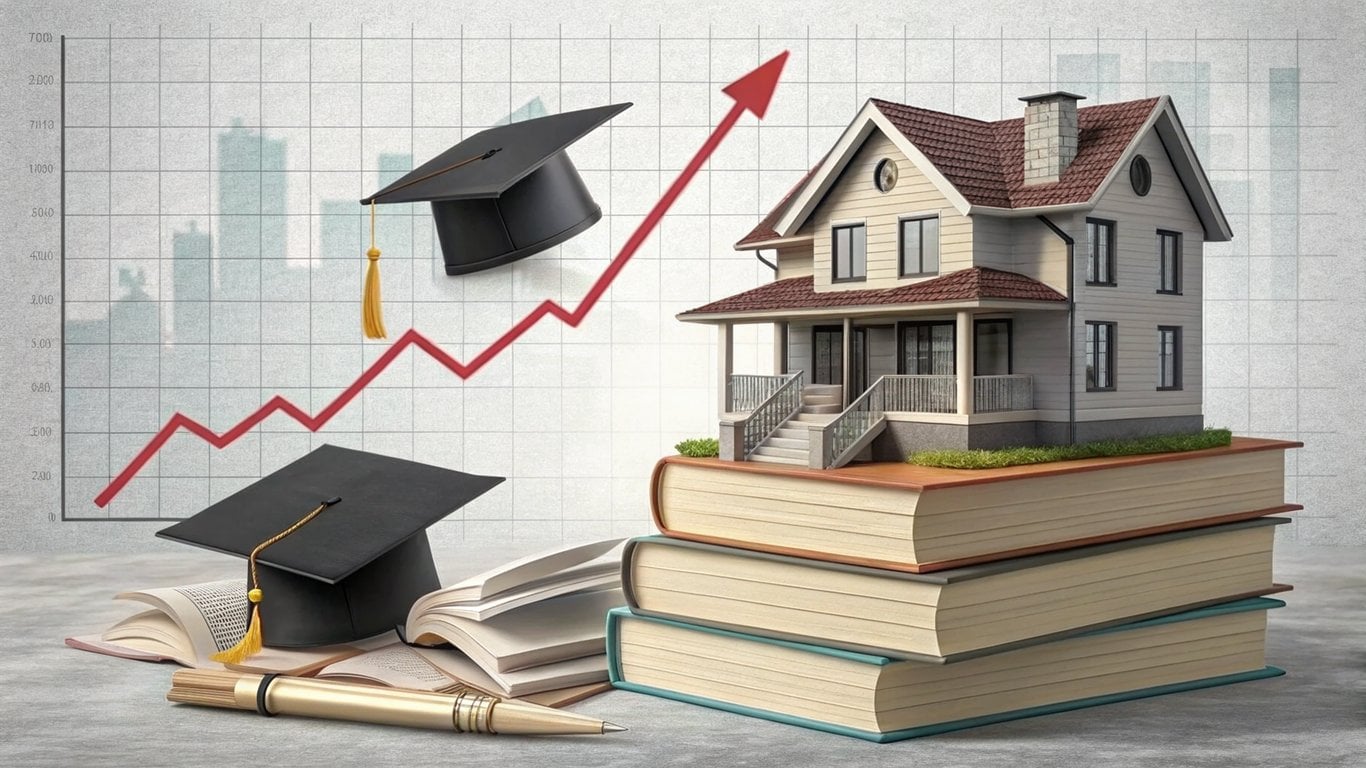 A house built on a foundation of educational symbols, with an upward trend line, illustrating the link between schools and property values.
