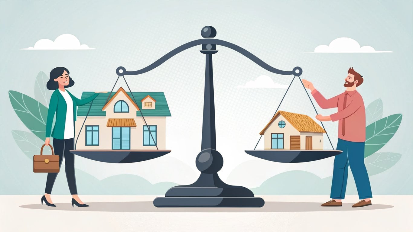 A balanced scale with a house on one side and a buyer and seller on the other, symbolizing a balanced real estate market.