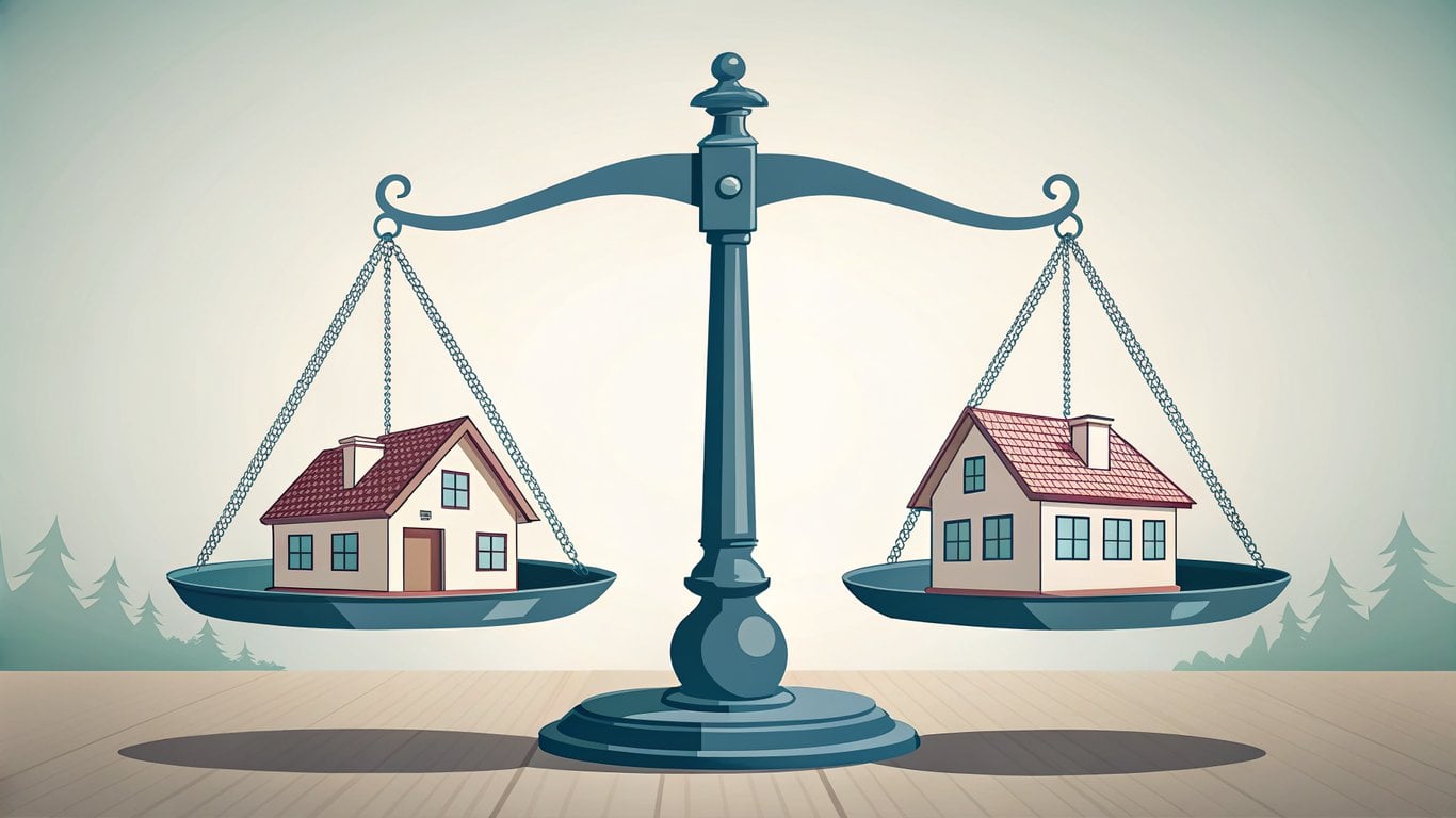 A visual metaphor of a balanced scale, with one side slightly lower, symbolizing a shifting real estate market.