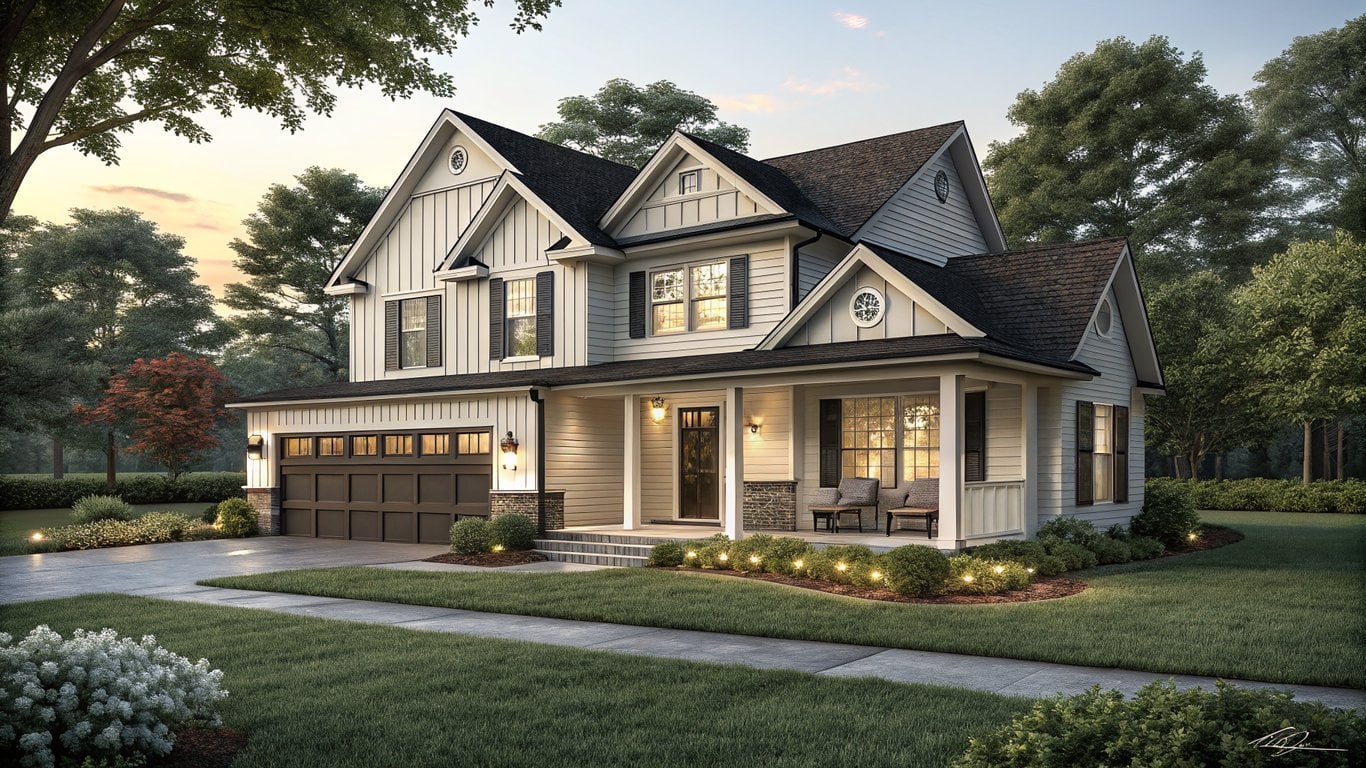 Illustration of a modern farmhouse style single-family home, representative of Cypress architecture.
