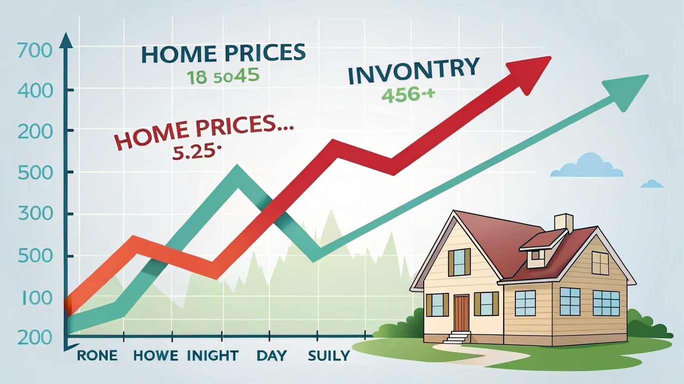 Infographic showing real estate market trends: declining prices, increasing inventory, and longer days on market.