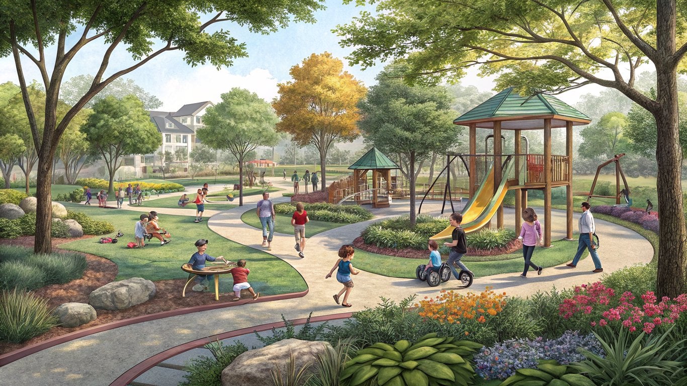 Illustration of a lively community park with families, playgrounds, and walking paths, representing Cypress amenities.
