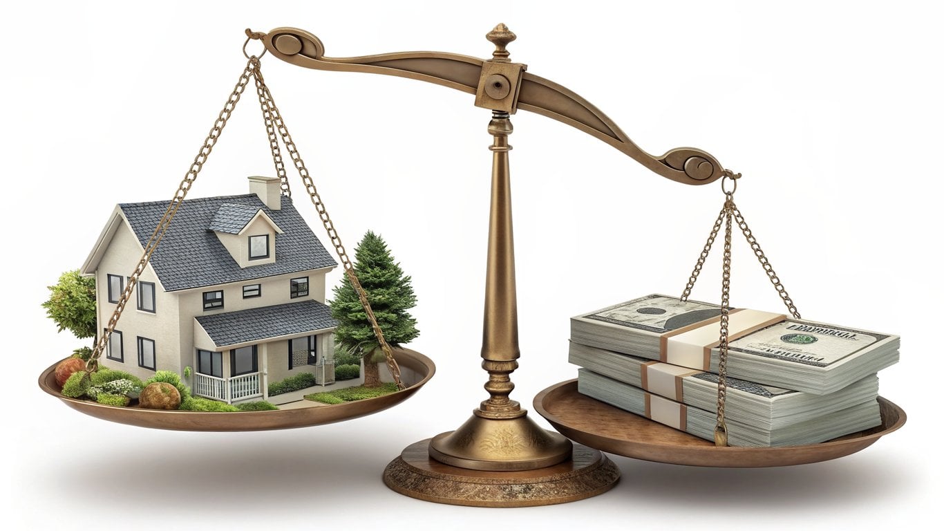 A balanced scale with a house and money, symbolizing a shift towards a more balanced real estate market.