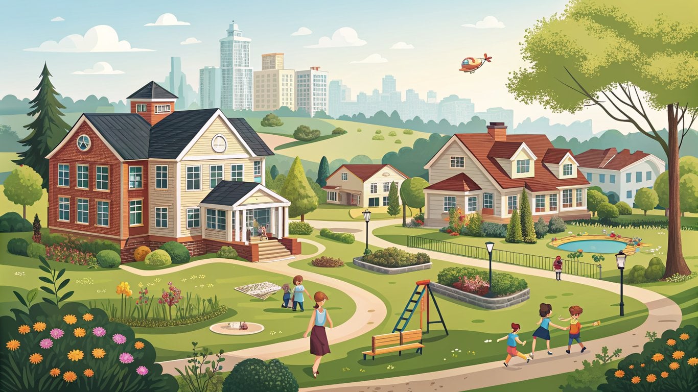 A digital illustration depicting a thriving suburban community with good schools and green spaces.