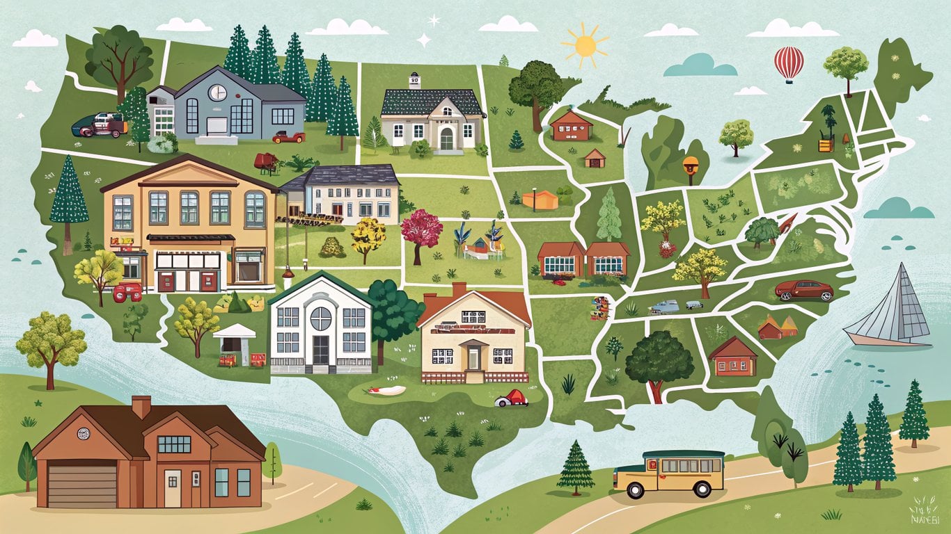 An overhead view of a diverse suburban landscape with different housing styles and community features.