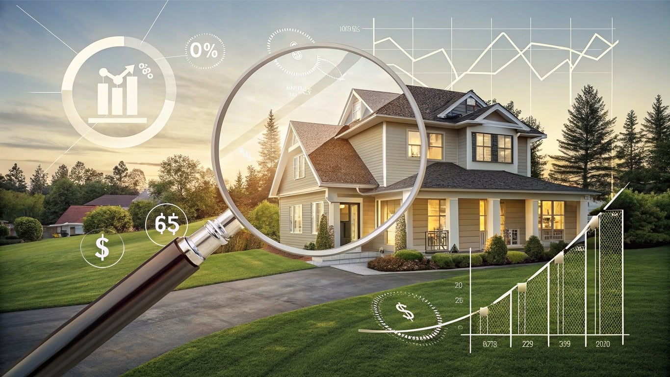 A magnifying glass over a house, surrounded by financial charts and numbers, representing property tax assessment.