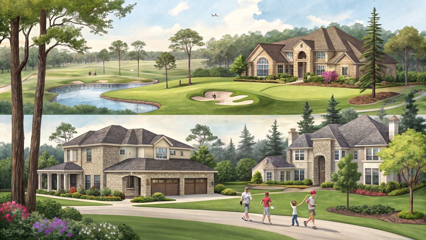 Illustration showing a tiered view of Spring, TX neighborhoods, from luxury to established family homes.