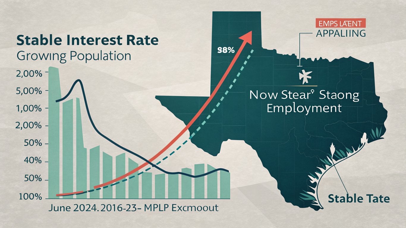 Illustration depicting stable interest rates, population growth, and employment trends influencing the Texas real estate market.