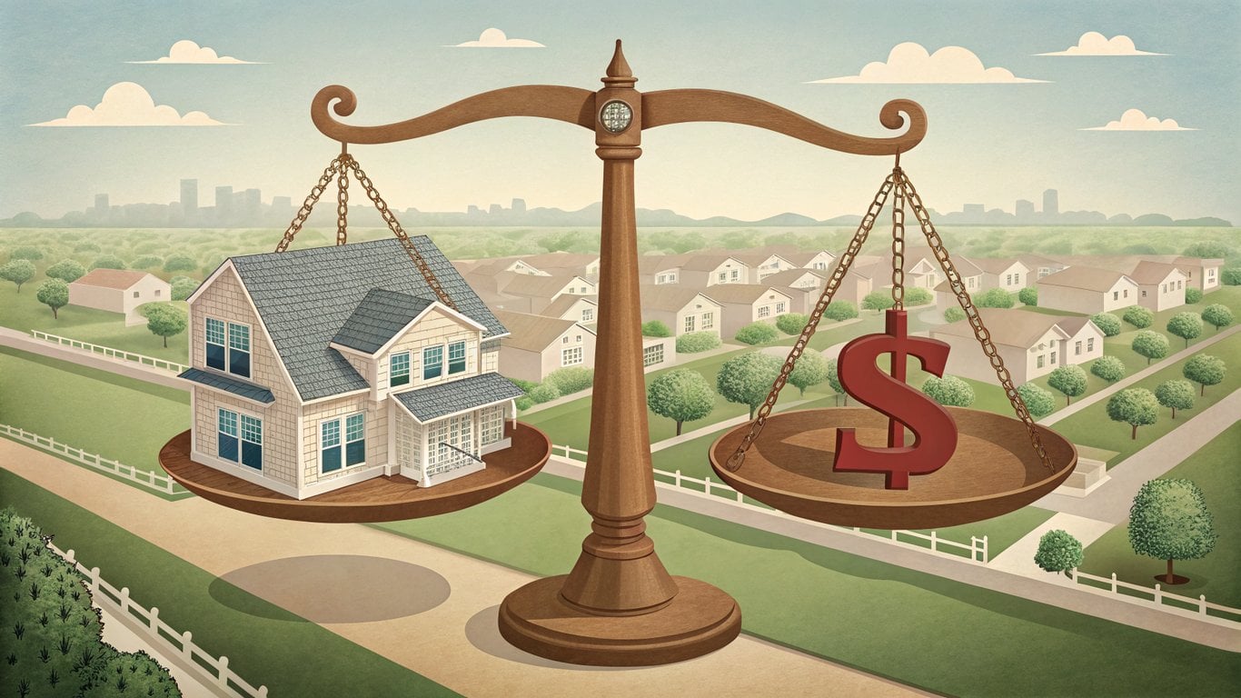 Illustration of a balanced real estate market with a house and dollar sign on a scale, symbolizing stabilization.