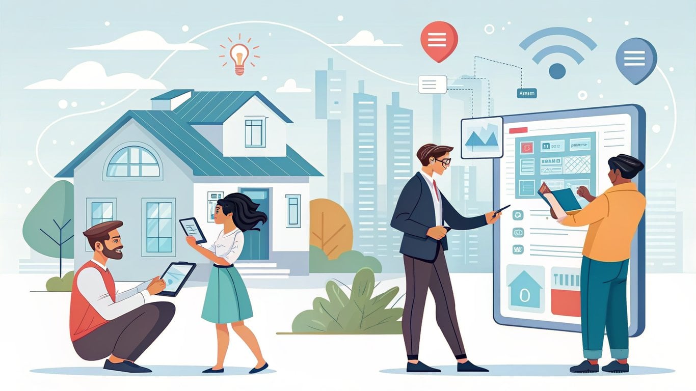 Diverse individuals, including first-time buyers, sellers, and investors, using AI real estate tools on digital devices.