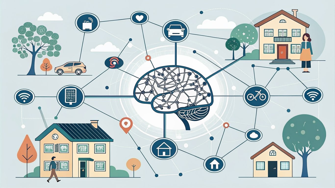 An illustration of AI processing diverse real estate data to generate personalized home recommendations.