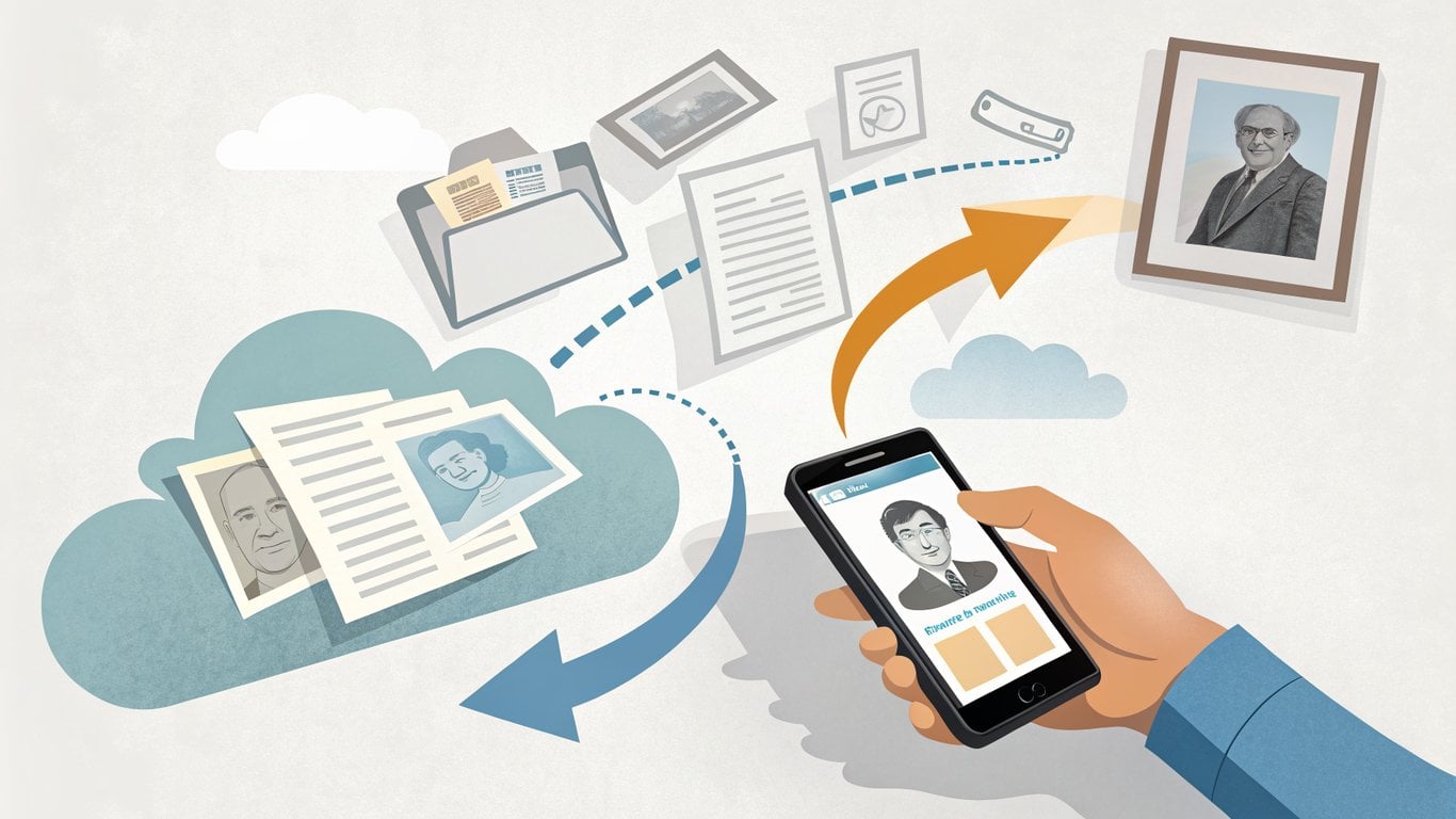A hand scanning old photos and documents with a smartphone, digitizing them into a cloud.