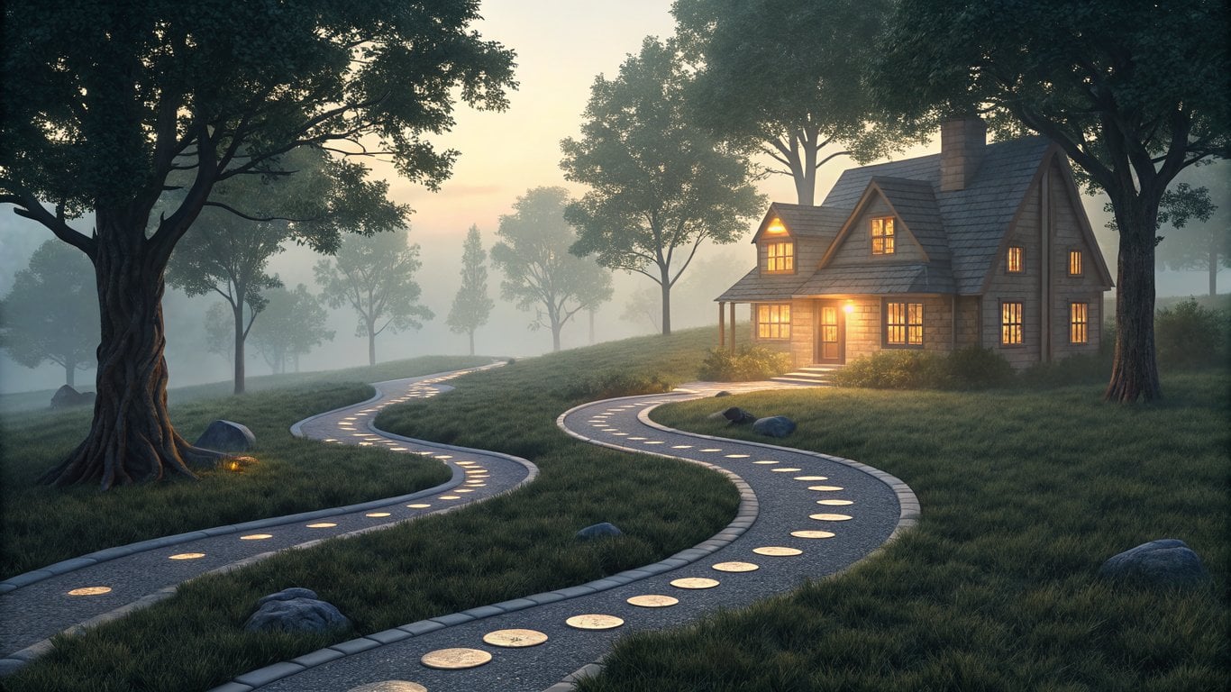 An illustration of a winding path with markers for different stages leading to a new home.