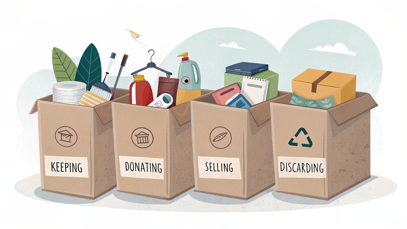 Four labeled boxes for sorting items: keep, donate, sell, discard.