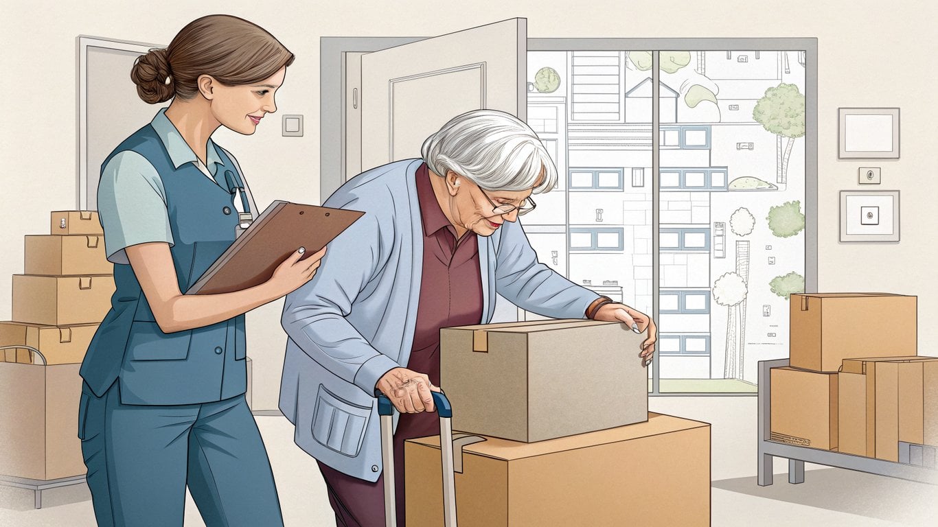 A senior move manager helping an older adult with downsizing and moving logistics.