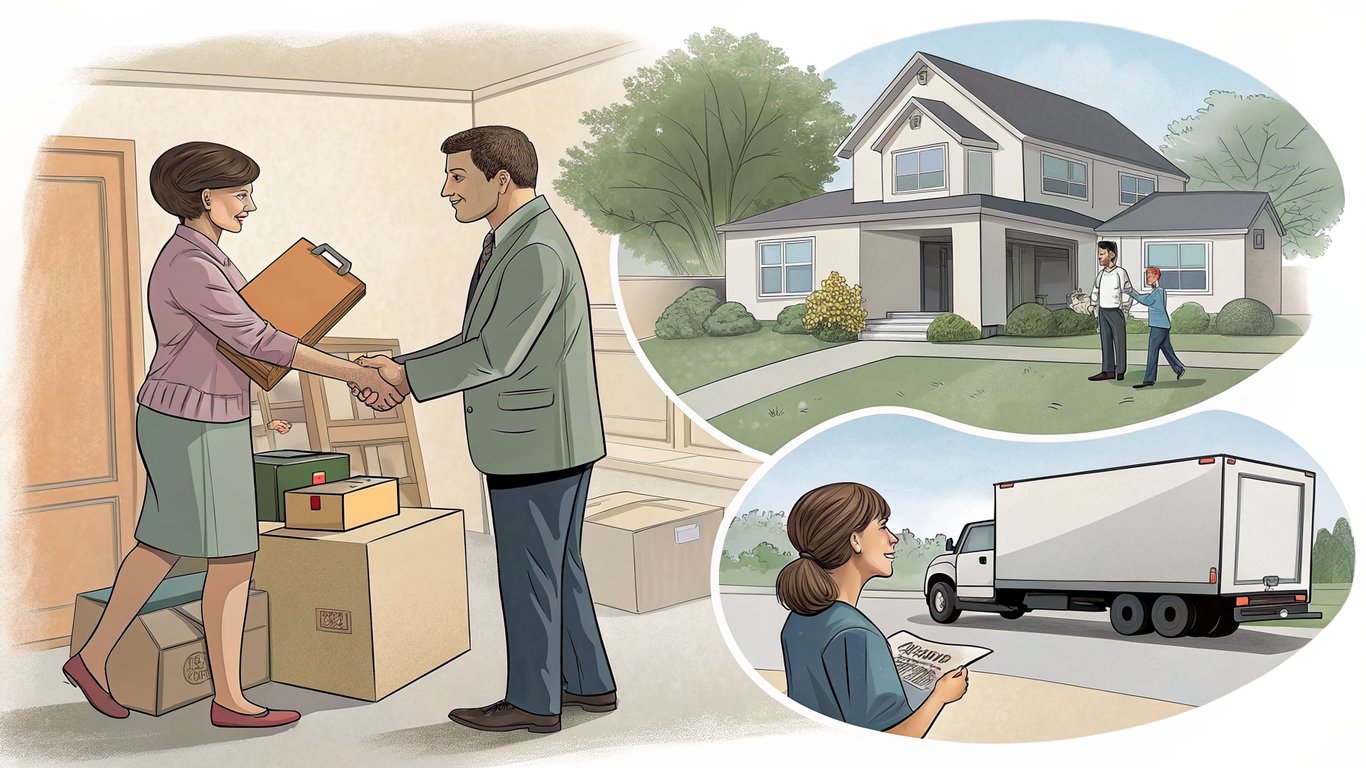 Illustration depicting a woman and a man shaking hands in a home setting with moving boxes, a house in the background, and a woman holding a document while observing a moving truck, representing the sell-and-stay program in real estate.