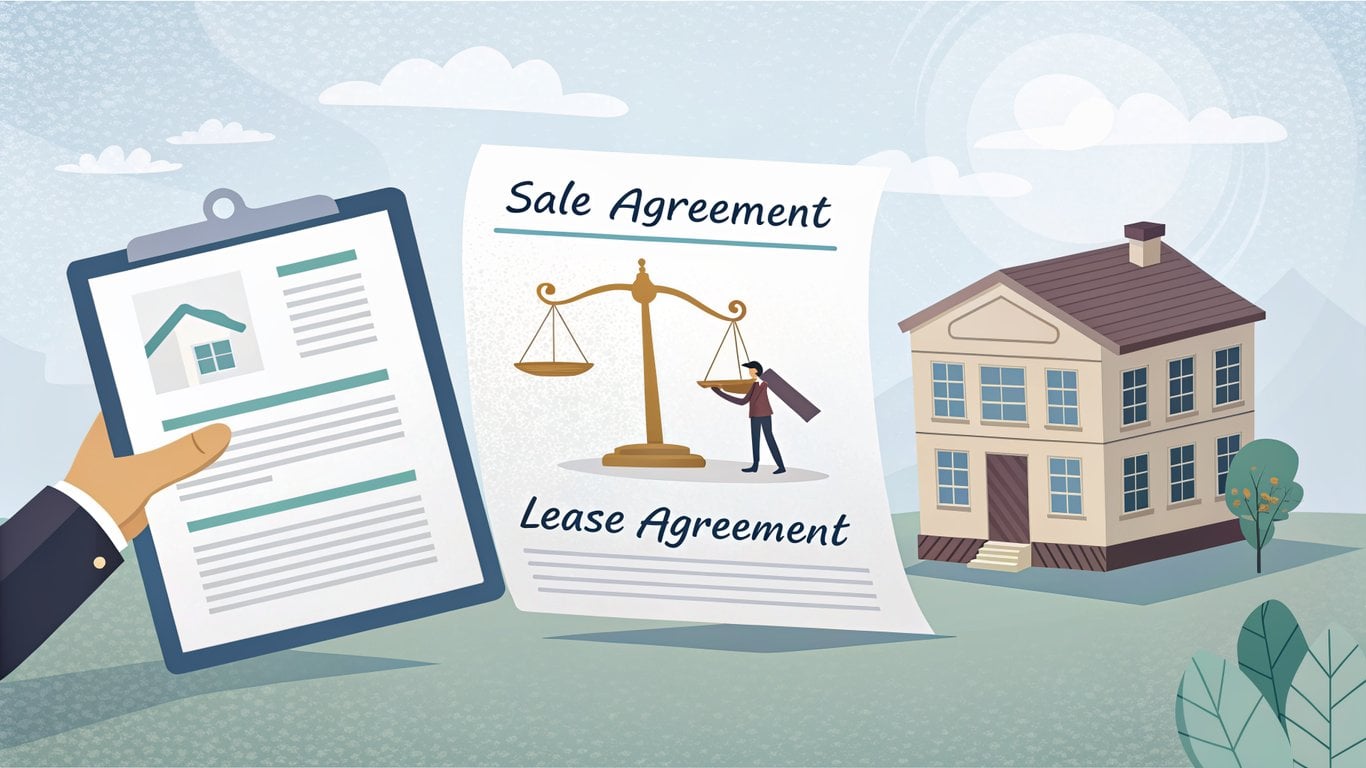 Hand holding clipboard with home sale and lease agreements, scales of justice illustration, residential house in background, representing sell-and-stay program and real estate transactions.