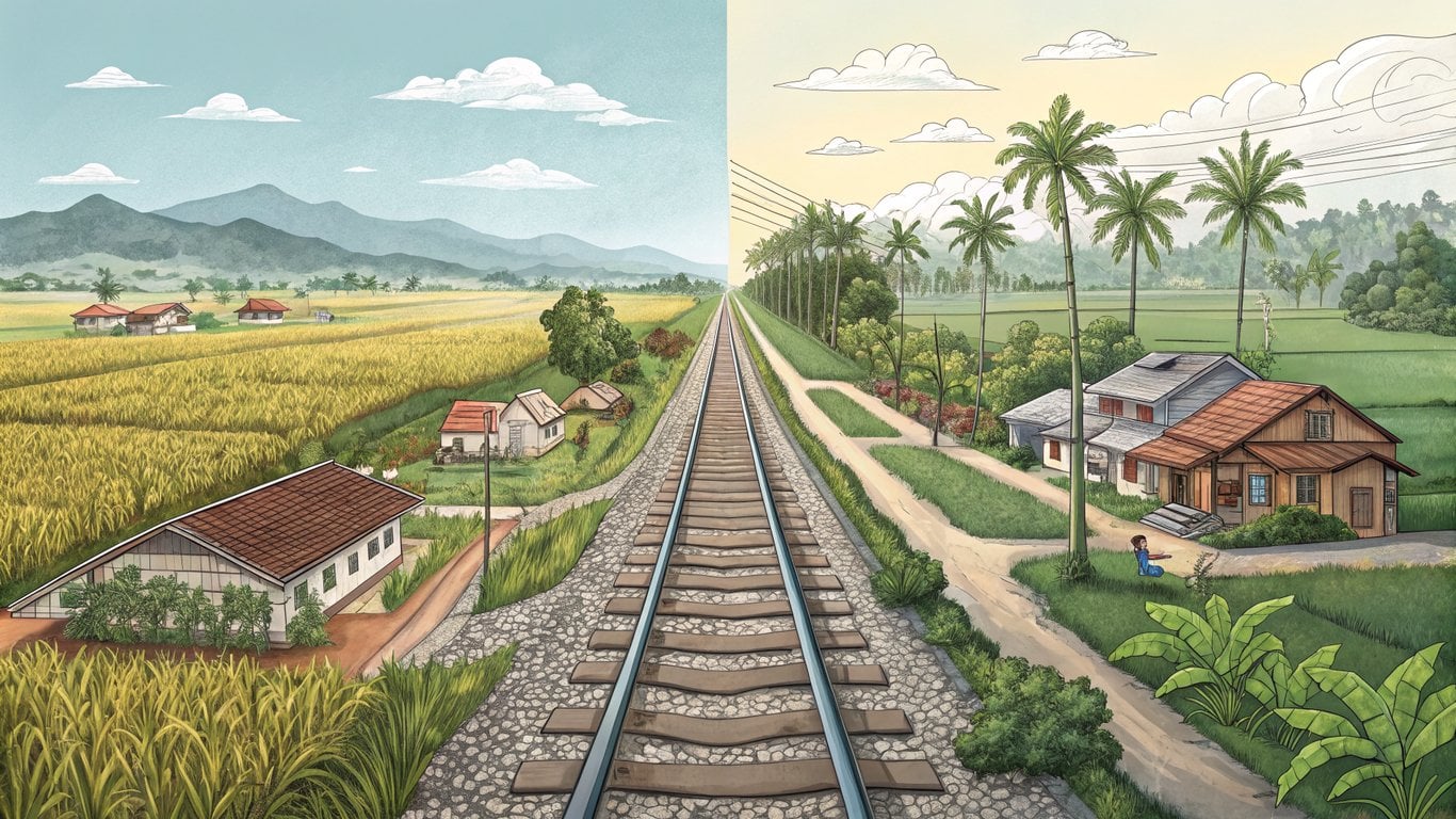 Illustration showing Katy's evolution from a small farm town to a modern suburb
