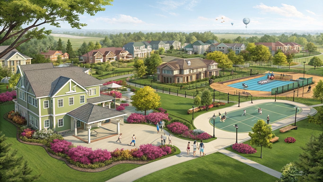 Illustration of a master-planned community with homes, parks, and amenities