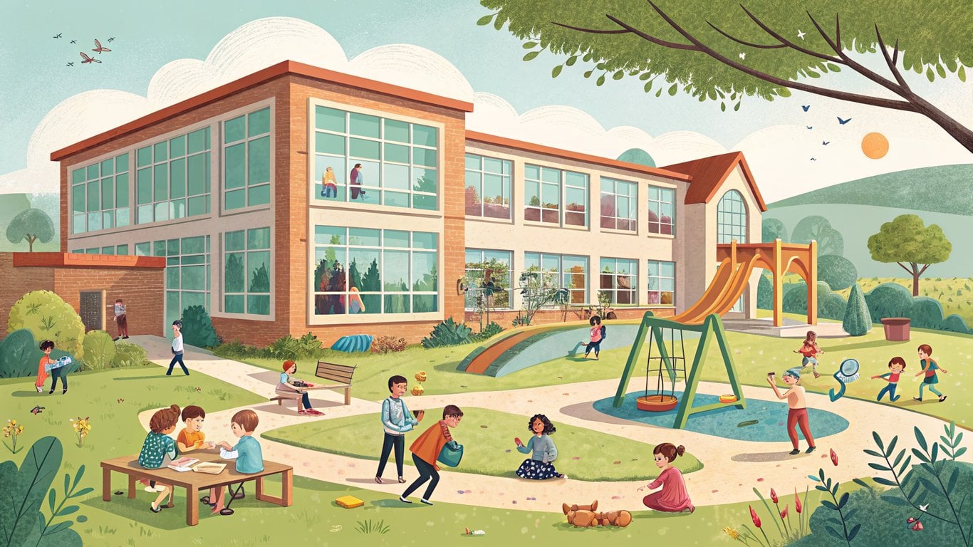 Illustration of a modern school building with children learning and playing