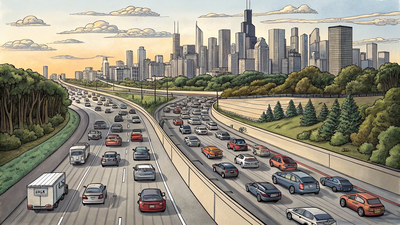 Illustration of a congested highway during rush hour traffic
