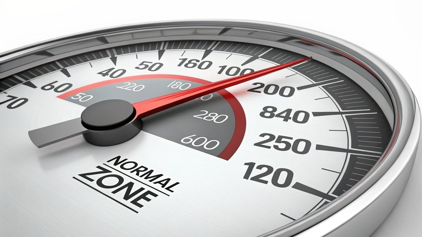 Illustration of a speedometer needle settling into a balanced zone, symbolizing a normalizing real estate market.