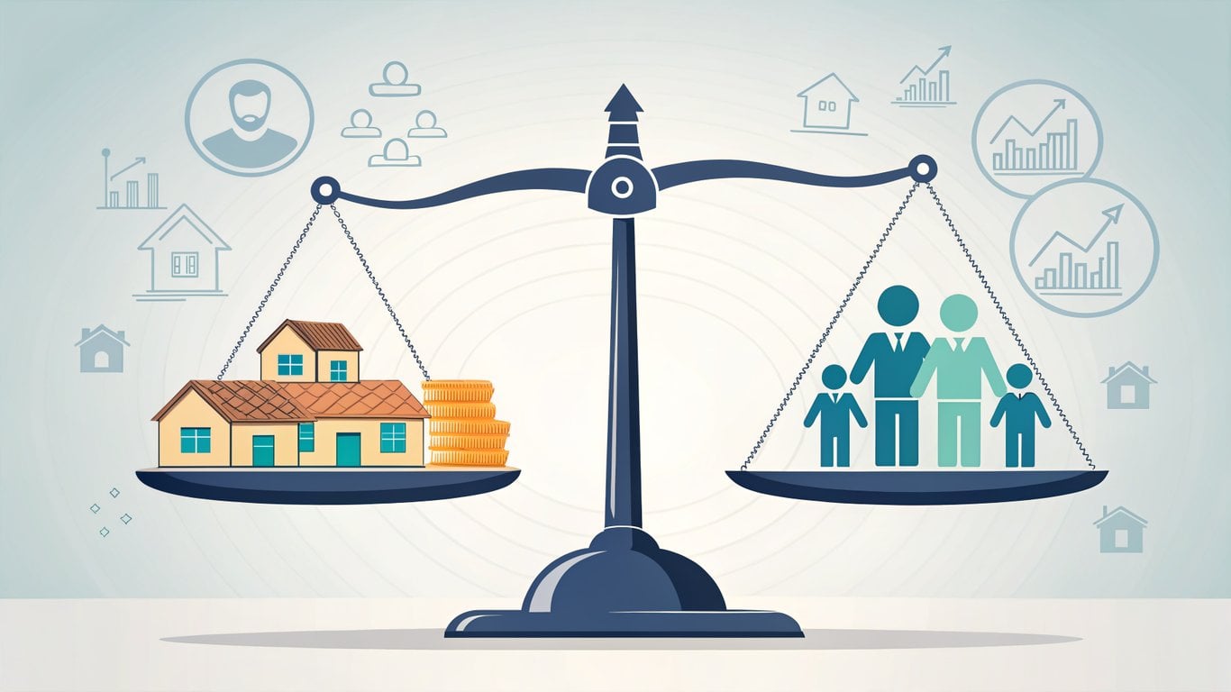Illustration of a balanced scale with housing inventory on one side and buyers on the other, symbolizing a balanced market.