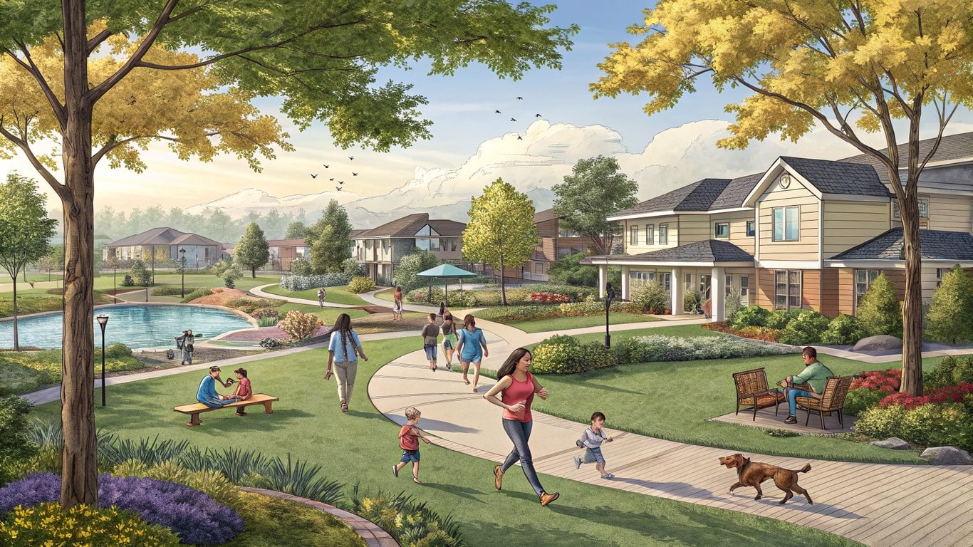Illustration of a lively master-planned community featuring modern homes, a swimming pool, and green spaces.