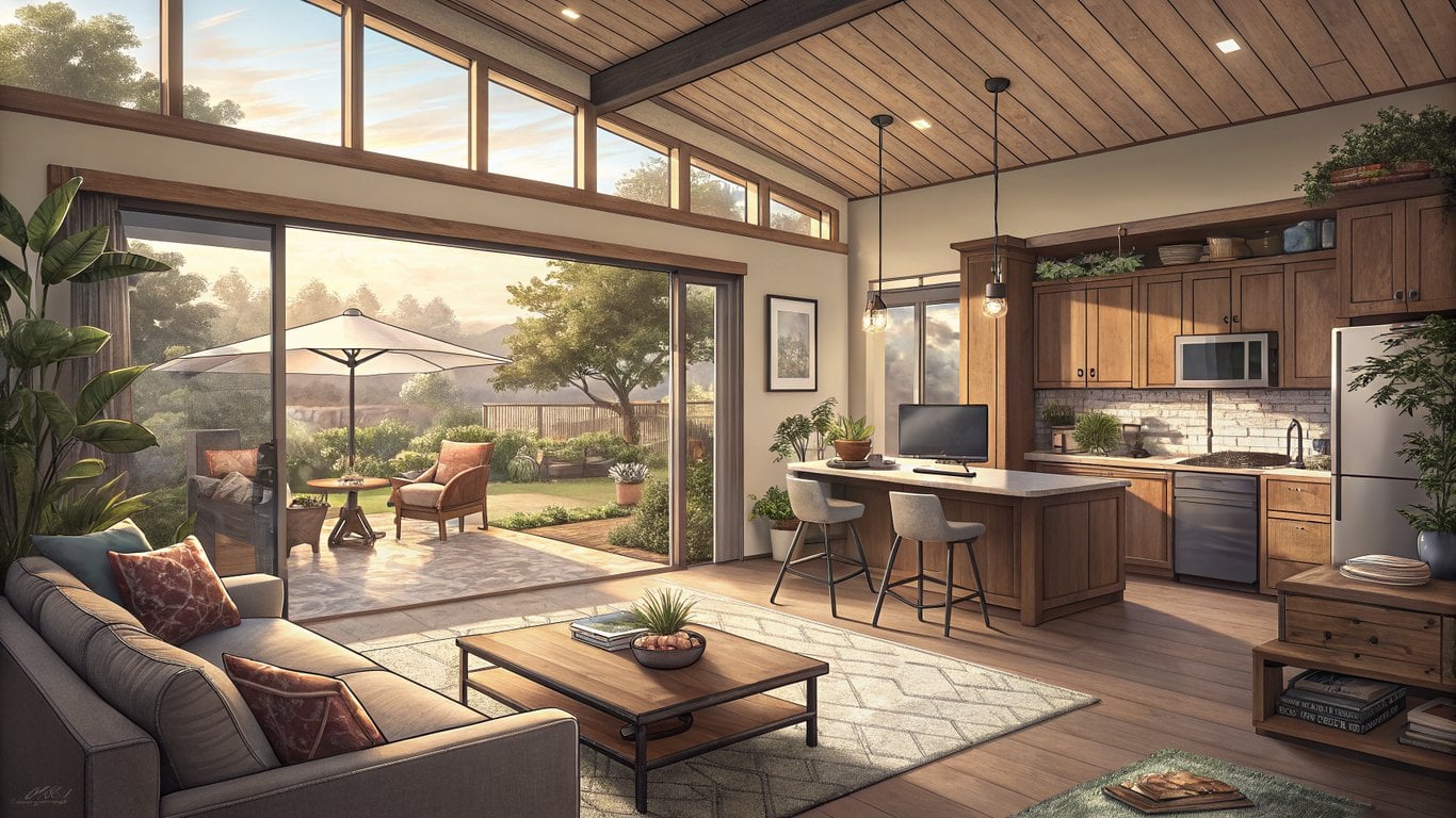 Illustration of a modern home interior with an open floor plan, a home office, and an outdoor patio, showcasing desirable features.